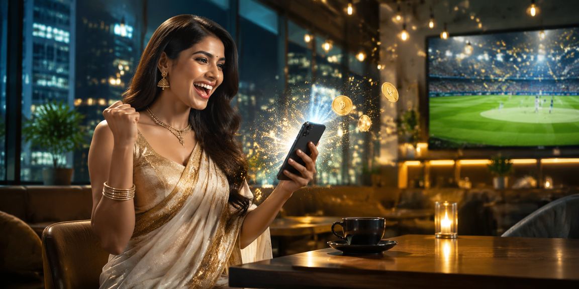 Indian casino player playing betting games on mobile in traditional attire