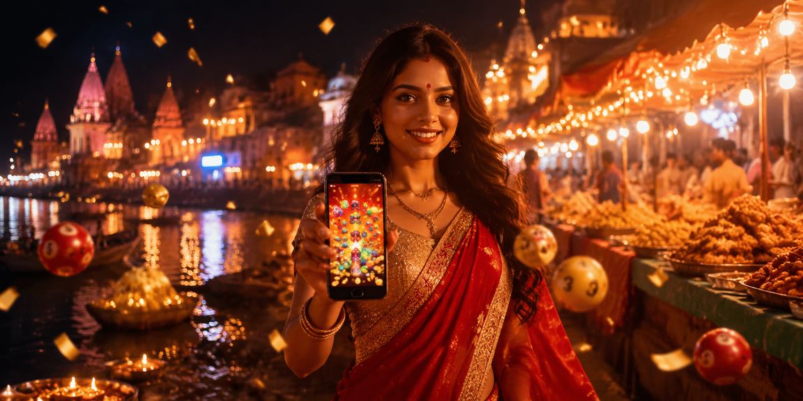 Varanasi ghat with lottery and festive Indian decorations